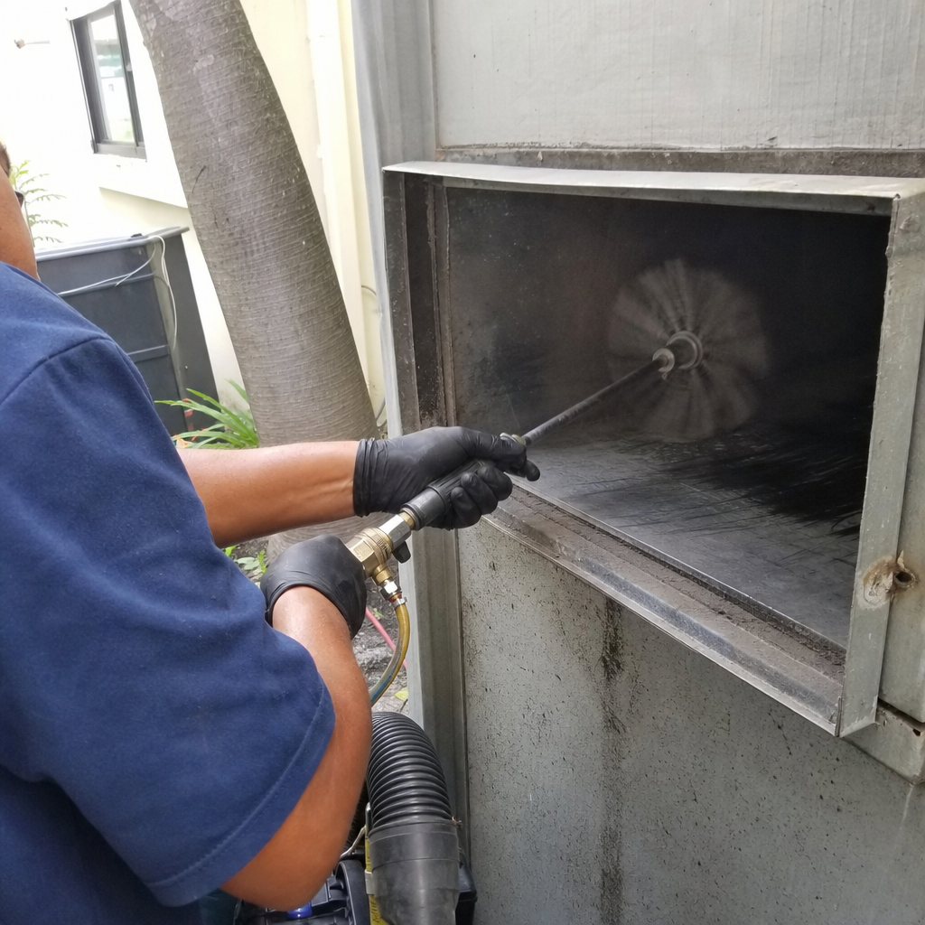 Technician using a rotating brush tool for professional air duct cleaning