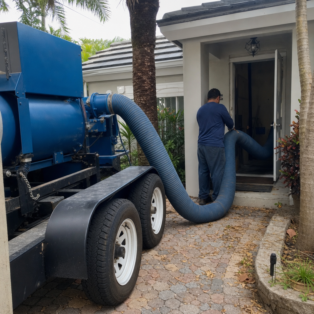 Technician performing professional residential air duct cleaning service with industrial equipment