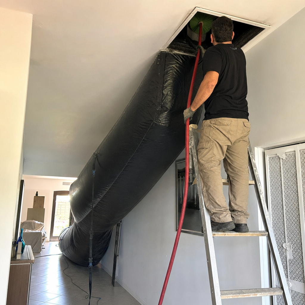 Technician using a rotating brush for professional air duct cleaning service