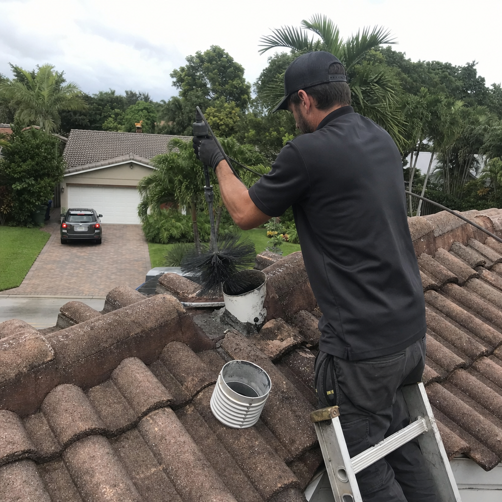 Professional cleaning a residential dryer vent on a tiled roof