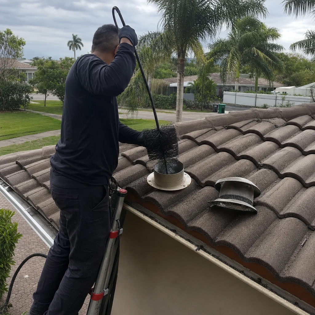 Technician performing professional dryer vent cleaning on a residential roof