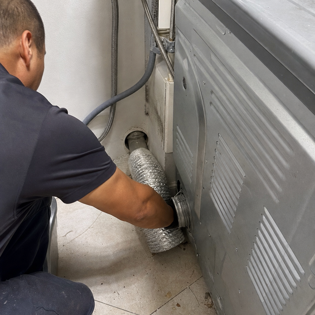 Technician performing professional dryer vent cleaning services