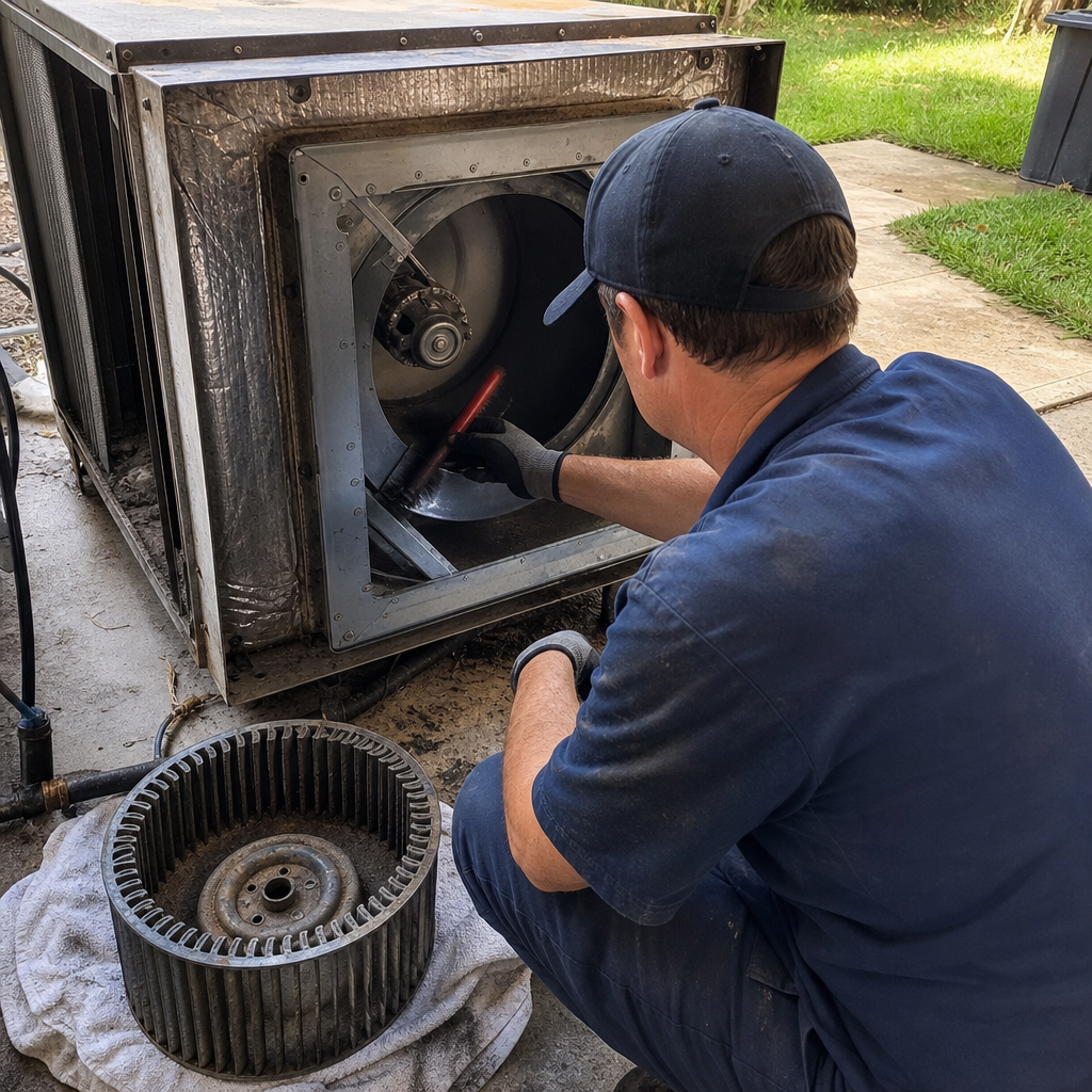 HVAC technician performing professional air duct cleaning and maintenance