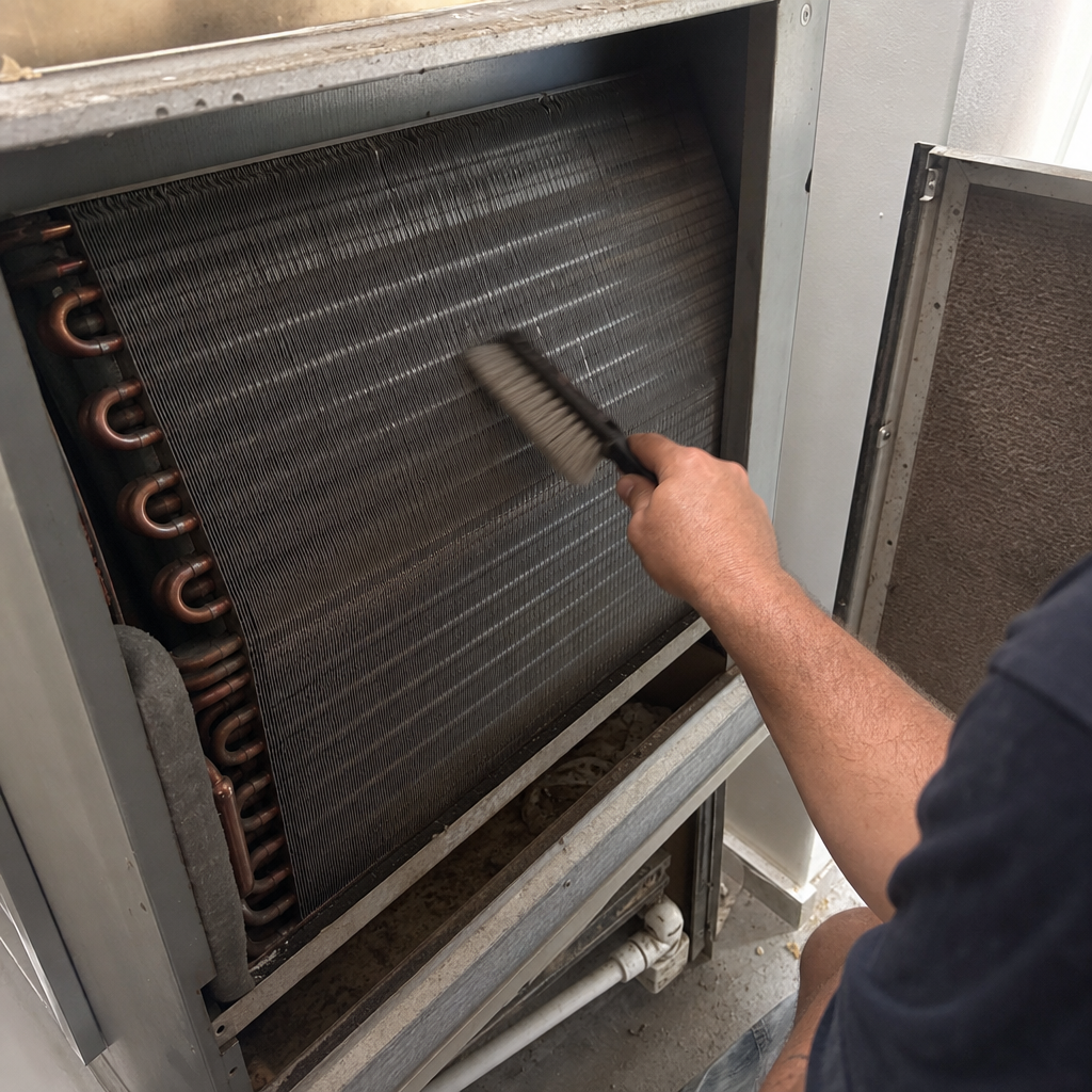 Technician using a brush to clean HVAC system cooling coils