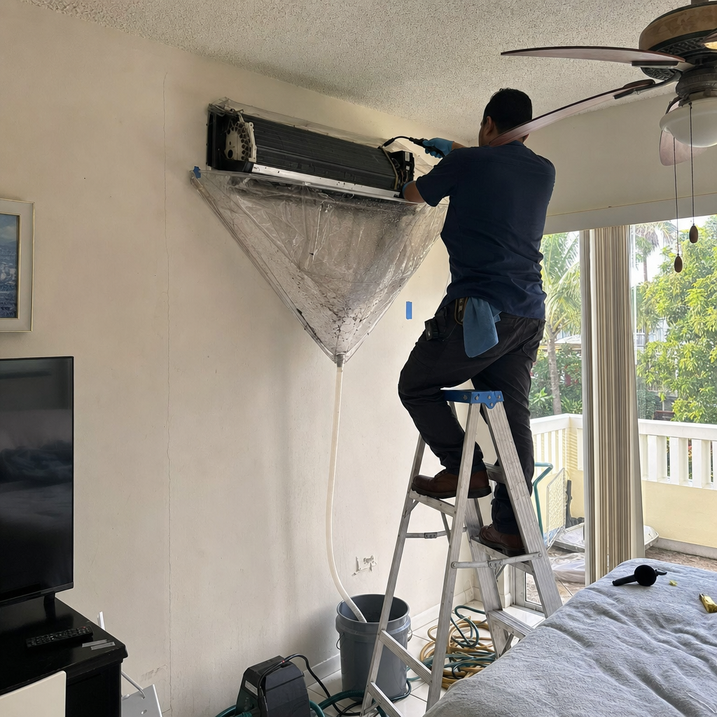 Technician performing professional air conditioner coil cleaning service