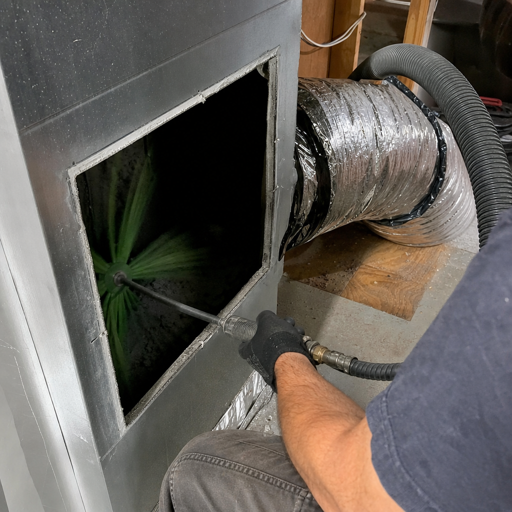 Technician using a professional rotating brush tool to clean residential air ducts