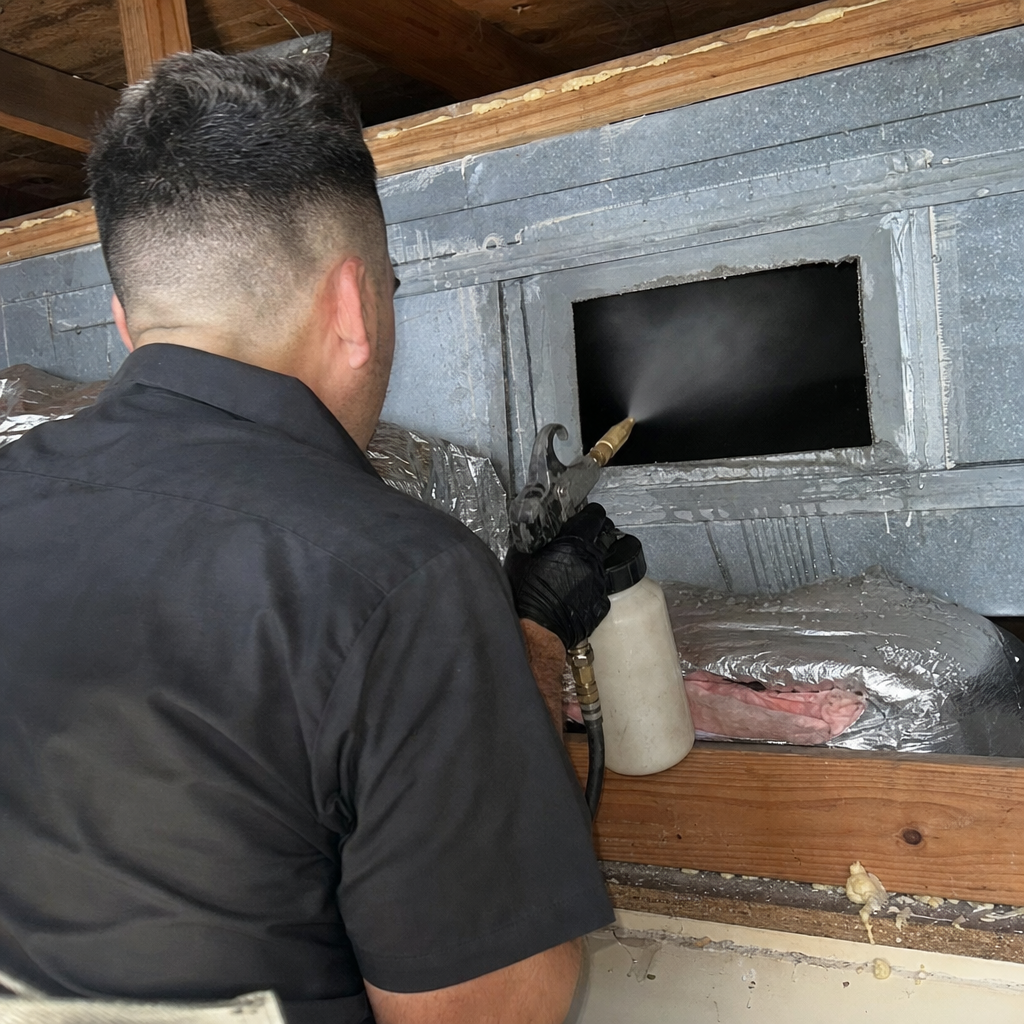 Technician performing professional air duct sanitization and cleaning services in Miami, FL