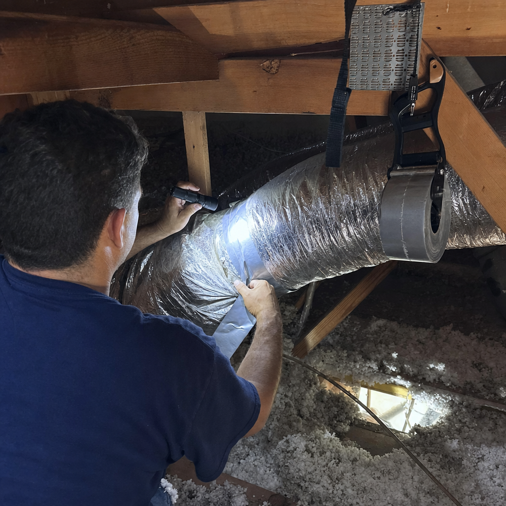 Technician performing professional air duct repair and sealing in an attic in Miami, FL