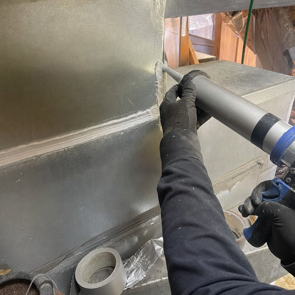 Professional technician applying sealant to metal HVAC air duct seams in Miami, FL